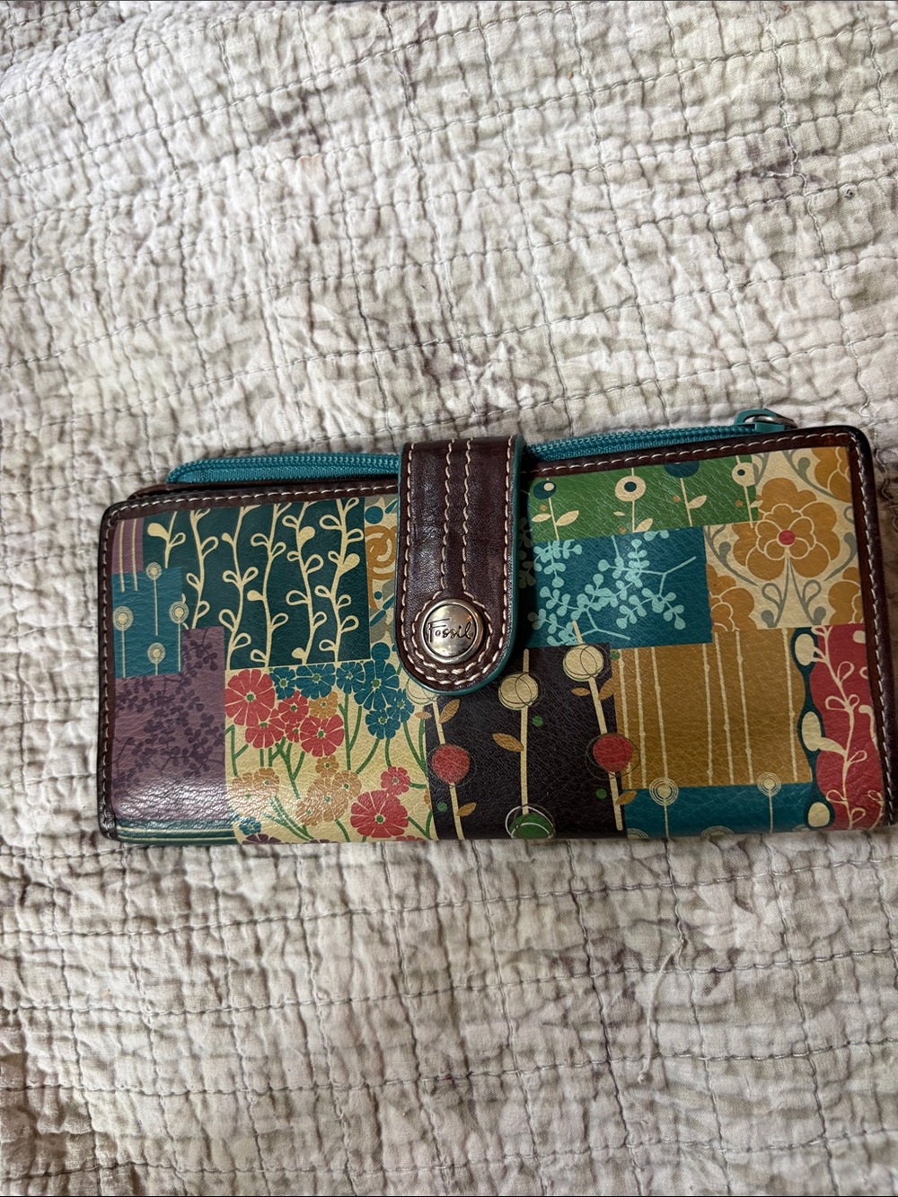 Fossil Multi-Color Floral Stamped Leather Wallet in Teal, Mustard & Purple